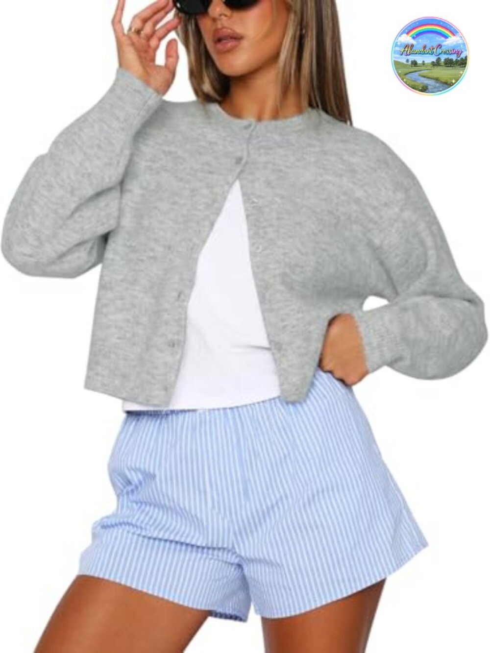Cropped Knit Cardigan Sweater Button Down Crew Neck Long Sleeve Women's